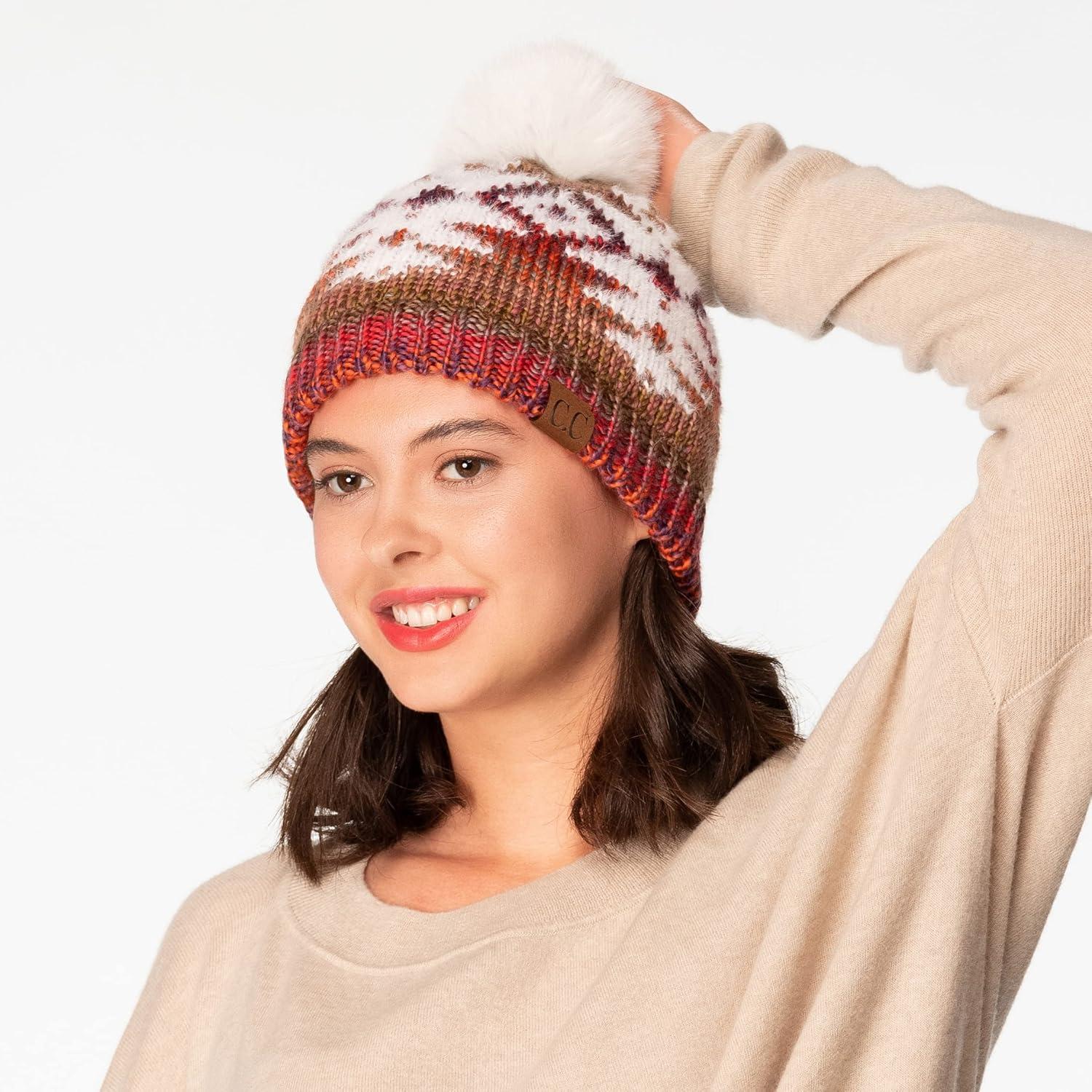 imageCC Exclusives Plush Yarn Pom Beanie hat with Daisy Pattern HAT2093HAT3001HAT4005HAT4009HAT4023Multi Yarn Aztecrust Mix