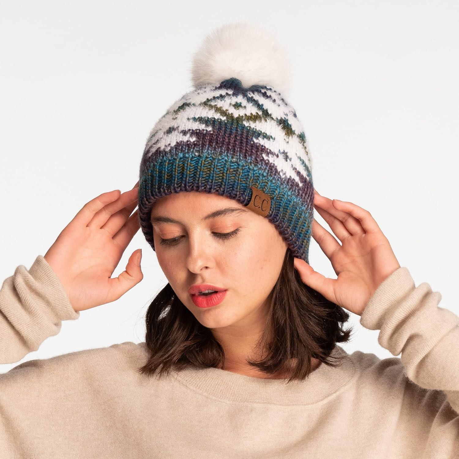 imageCC Exclusives Plush Yarn Pom Beanie hat with Daisy Pattern HAT2093HAT3001HAT4005HAT4009HAT4023Multi Yarn Aztecteal Mix
