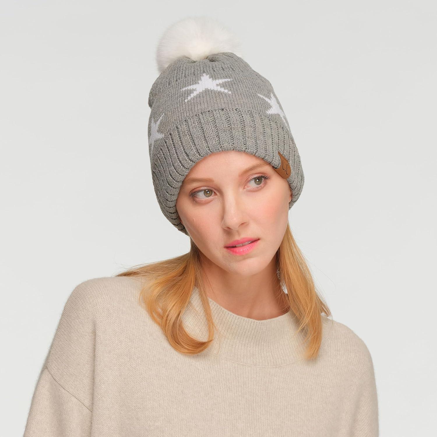 imageCC Exclusives Plush Yarn Pom Beanie hat with Daisy Pattern HAT2093HAT3001HAT4005HAT4009HAT4023Starlt Mel Grey