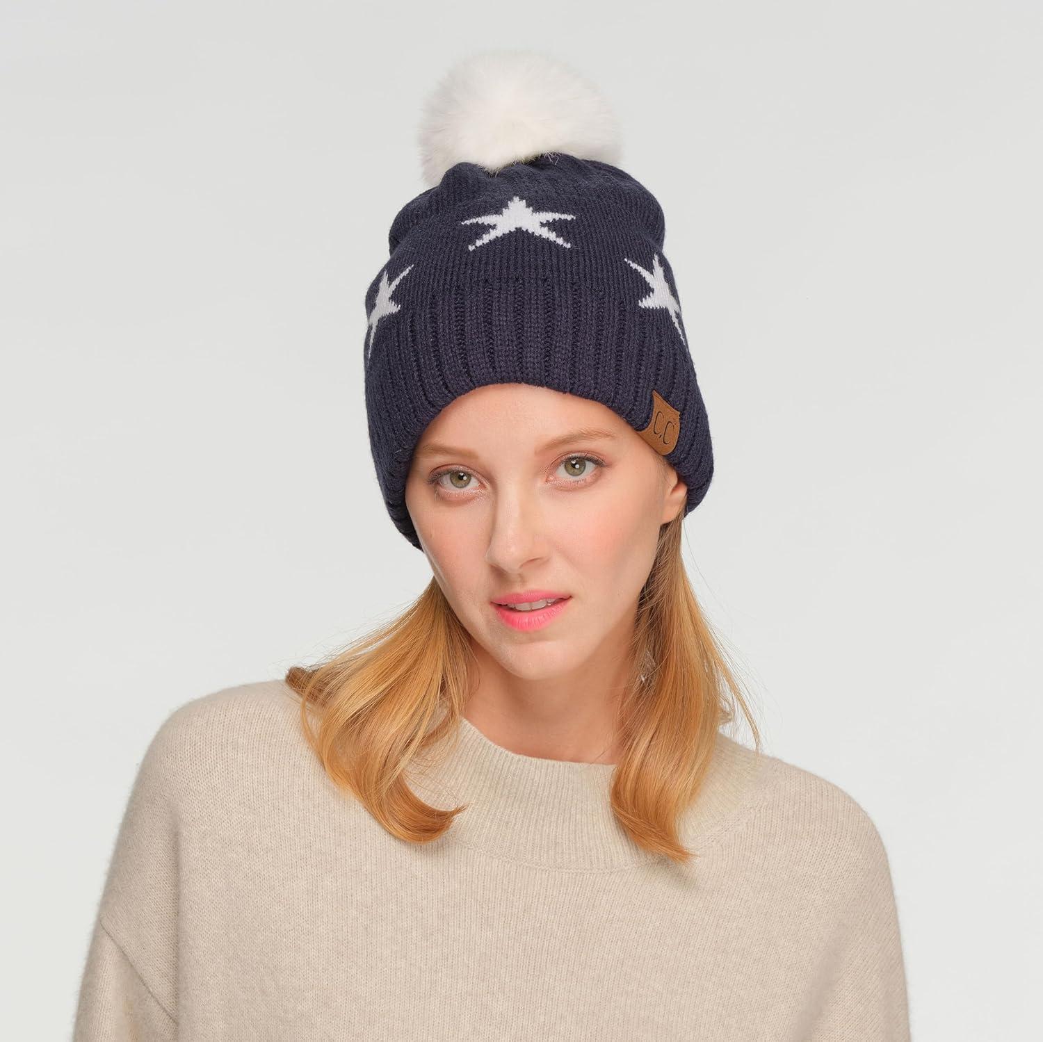 imageCC Exclusives Plush Yarn Pom Beanie hat with Daisy Pattern HAT2093HAT3001HAT4005HAT4009HAT4023Starnavy
