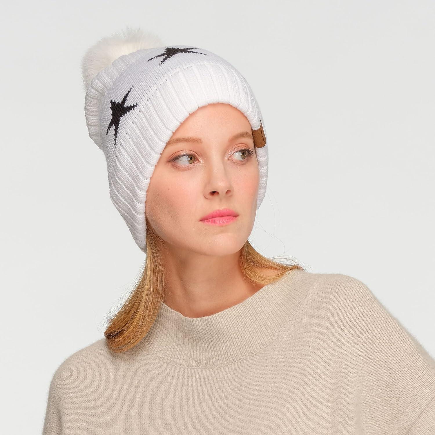 imageCC Exclusives Plush Yarn Pom Beanie hat with Daisy Pattern HAT2093HAT3001HAT4005HAT4009HAT4023Starwhite