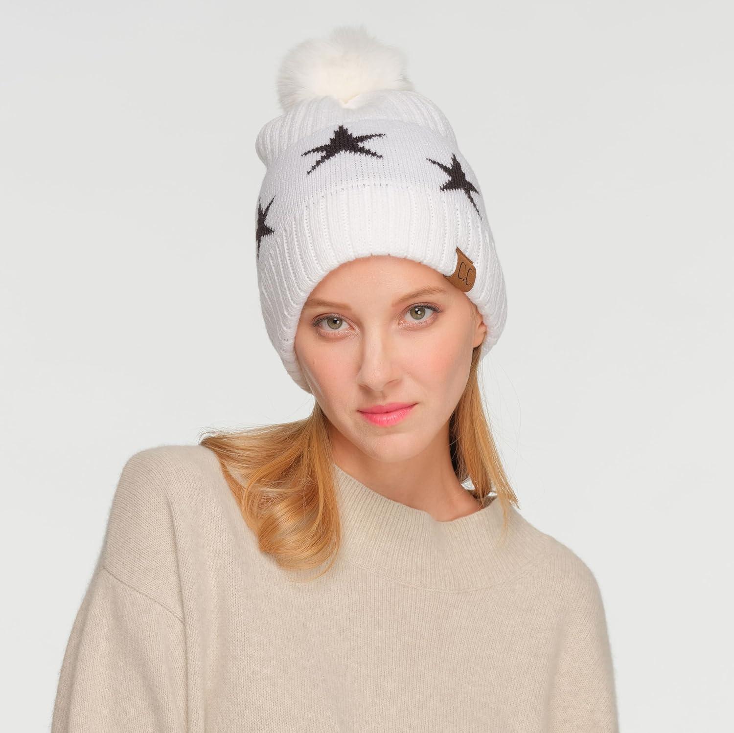 imageCC Exclusives Plush Yarn Pom Beanie hat with Daisy Pattern HAT2093HAT3001HAT4005HAT4009HAT4023Starwhite