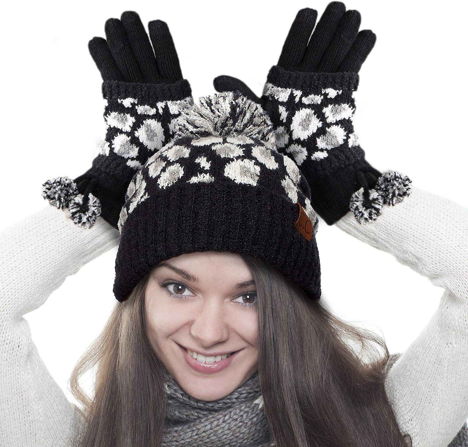imageCC Exclusives Soft Beanie hat with Leopard Pattern and Fur PomHAT7001SF7001A Gift Setblack