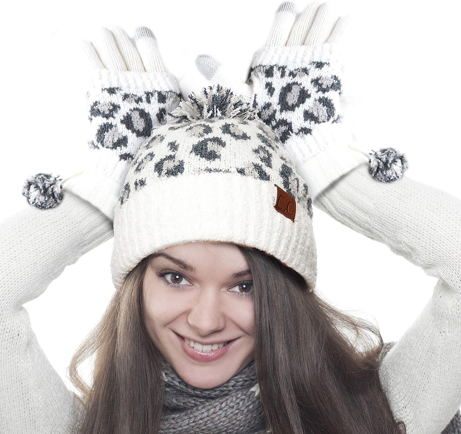 imageCC Exclusives Soft Beanie hat with Leopard Pattern and Fur PomHAT7001SF7001A Gift Setivory