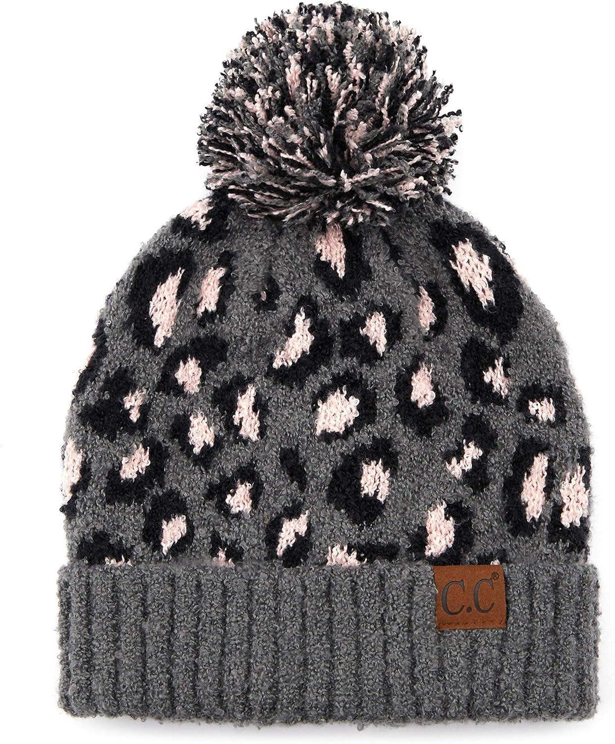 imageCC Exclusives Soft Beanie hat with Leopard Pattern and Fur PomHAT7001SF7001A Gift Setlt Mel Grey