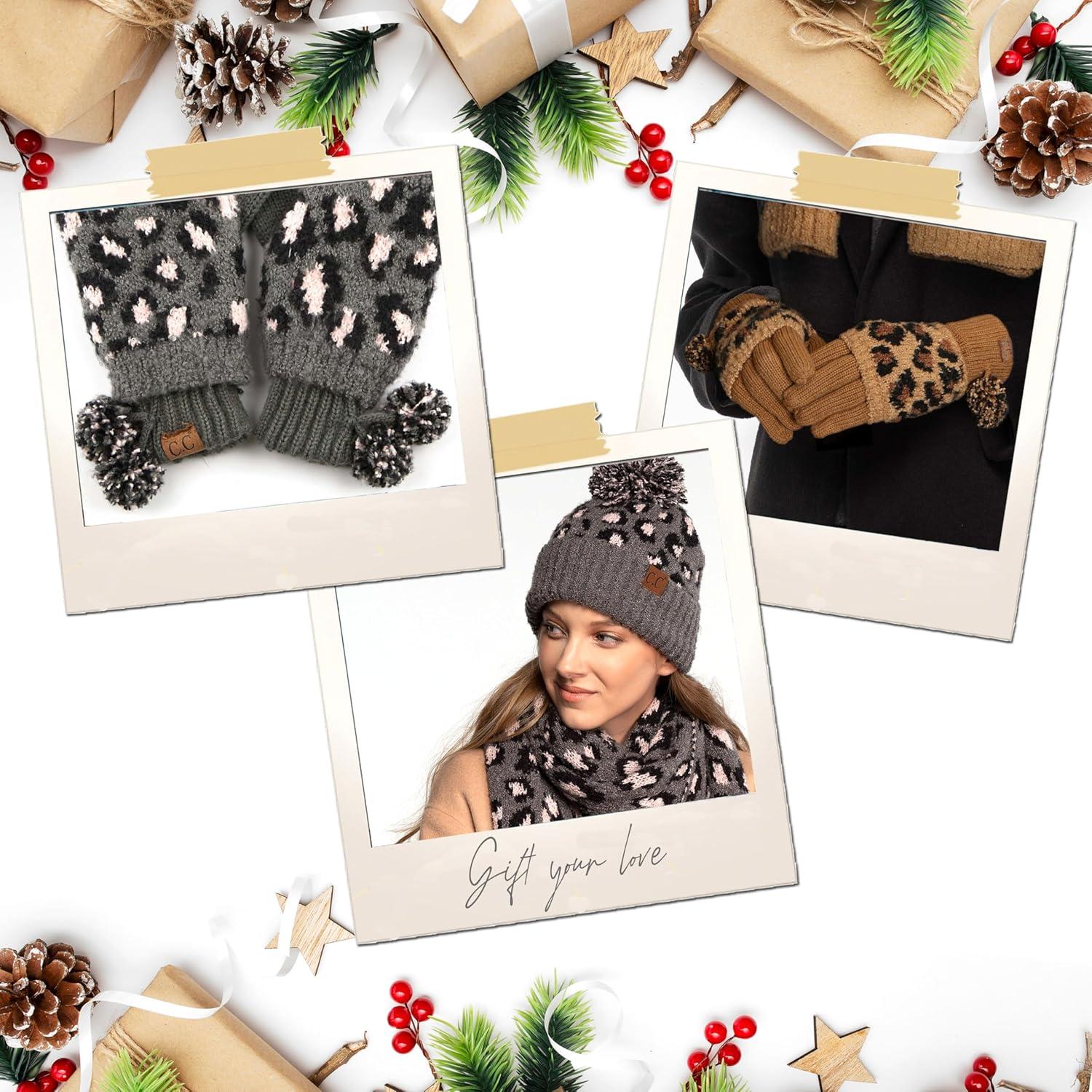imageCC Exclusives Soft Beanie hat with Leopard Pattern and Fur PomHAT7001SF7001A Gift Setlt Mel Grey