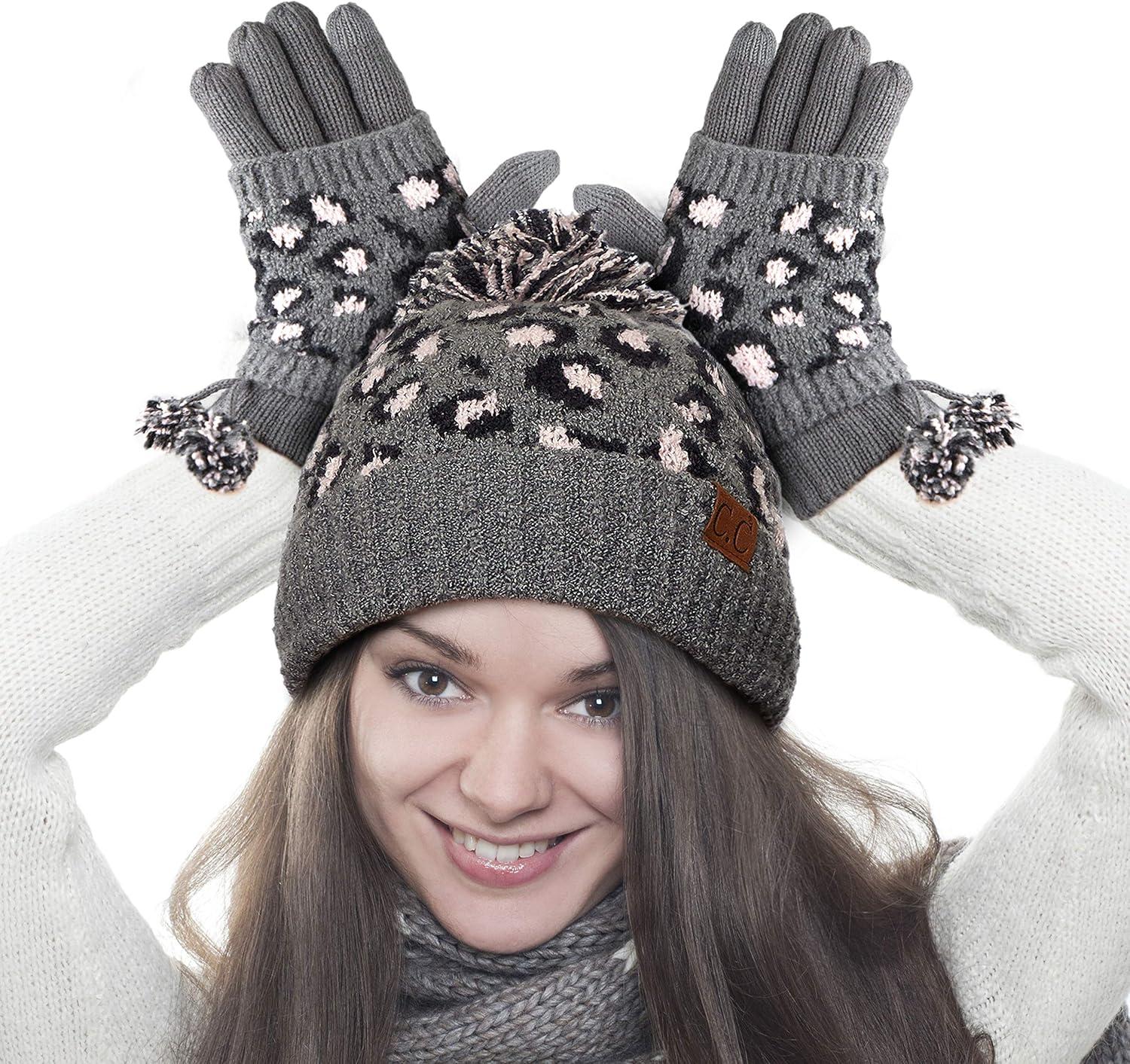imageCC Exclusives Soft Beanie hat with Leopard Pattern and Fur PomHAT7001SF7001A Gift Setlt Mel Grey