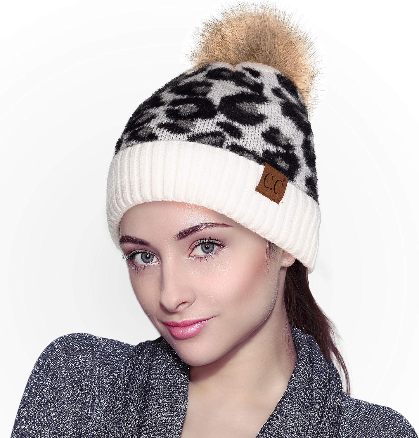 imageCC Exclusives Soft Beanie hat with Leopard Pattern and Fur PomHAT7001SF7001Ivoryleo