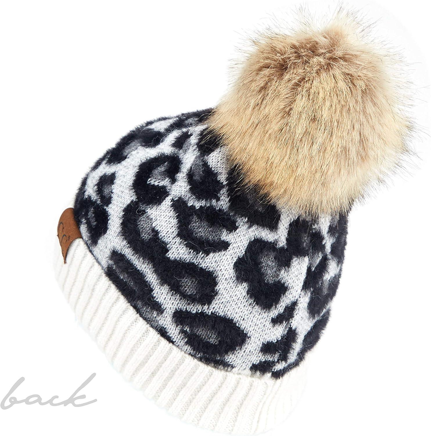 imageCC Exclusives Soft Beanie hat with Leopard Pattern and Fur PomHAT7001SF7001Ivoryleo