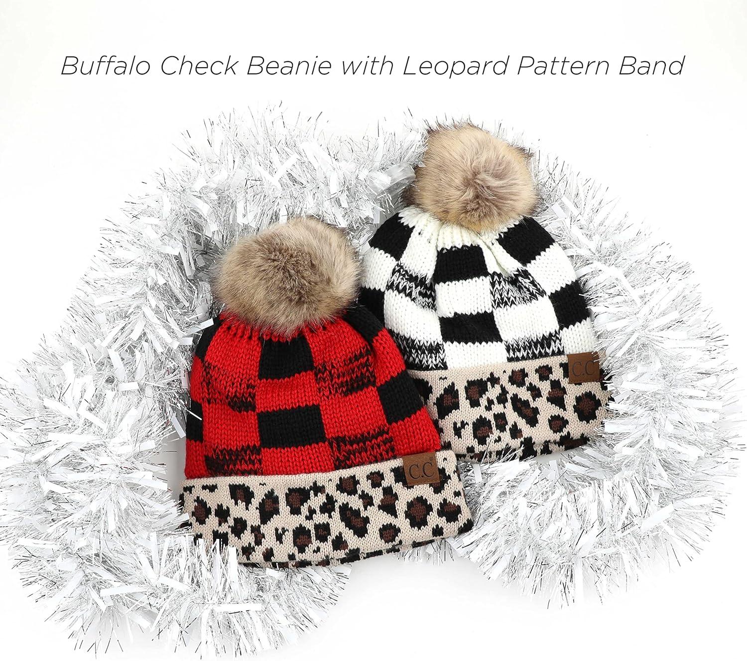 imageCC Exclusives Soft Beanie hat with Leopard Pattern and Fur PomHAT7001SF7001Leopard Black White Plaid