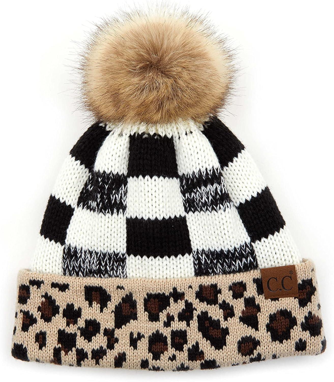 imageCC Exclusives Soft Beanie hat with Leopard Pattern and Fur PomHAT7001SF7001Leopard Black White Plaid