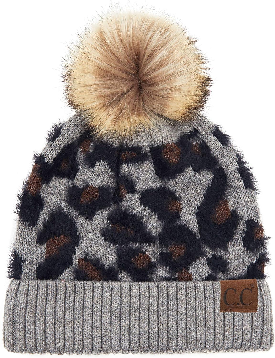 imageCC Exclusives Soft Beanie hat with Leopard Pattern and Fur PomHAT7001SF7001Lt Mel Greyleo