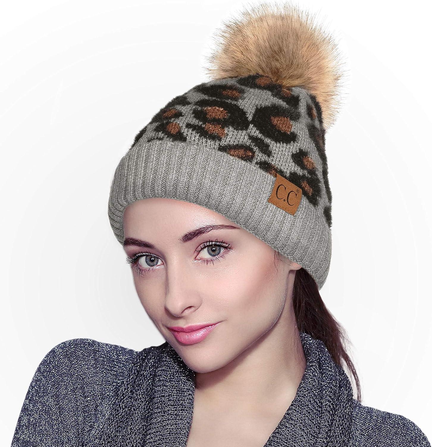 imageCC Exclusives Soft Beanie hat with Leopard Pattern and Fur PomHAT7001SF7001Lt Mel Greyleo