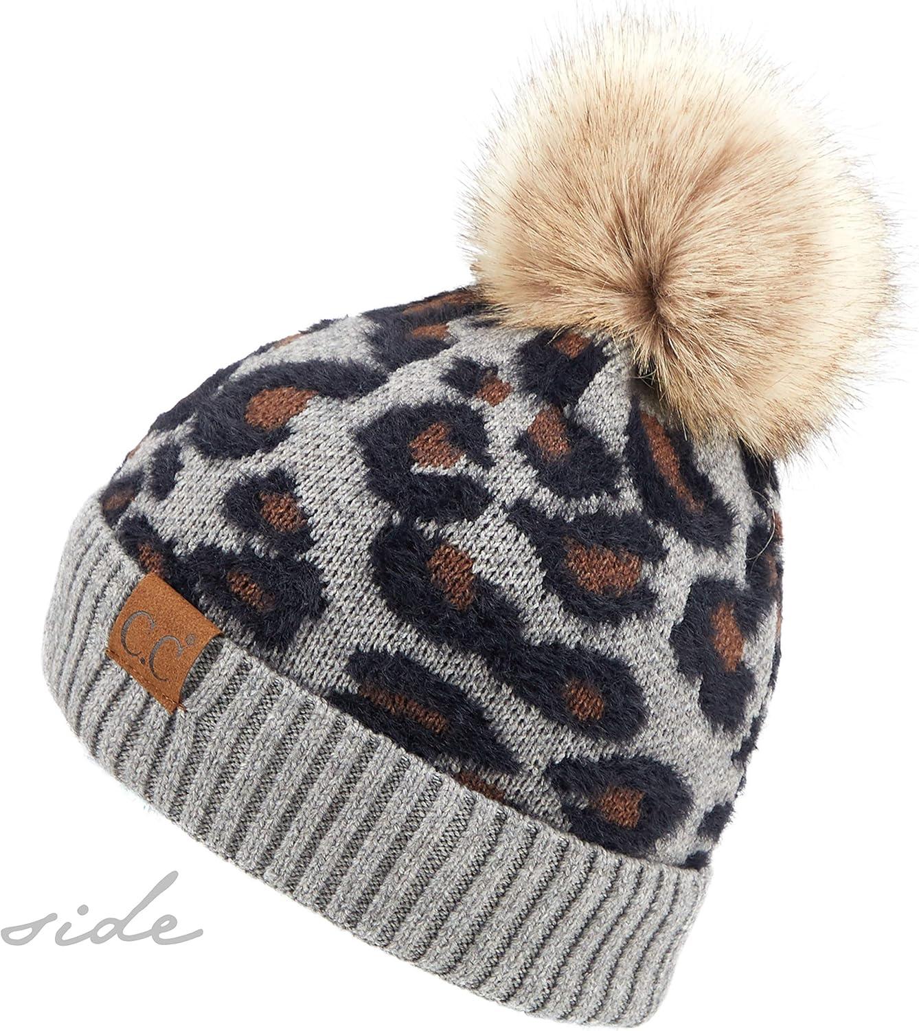 imageCC Exclusives Soft Beanie hat with Leopard Pattern and Fur PomHAT7001SF7001Lt Mel Greyleo