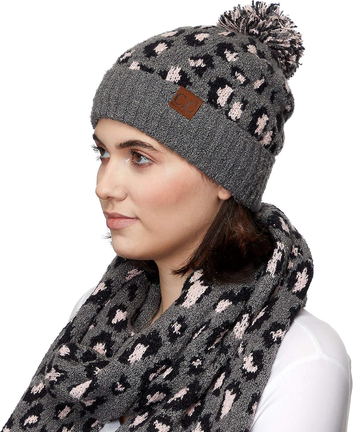 imageCC Exclusives Soft Beanie hat with Leopard Pattern and Fur PomHAT7001SF7001Ltmelgreyleopard Pom