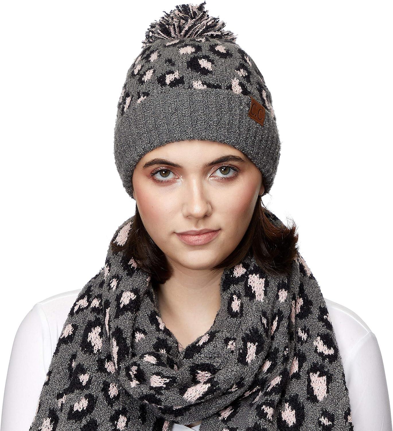 imageCC Exclusives Soft Beanie hat with Leopard Pattern and Fur PomHAT7001SF7001Ltmelgreyleopard Pom
