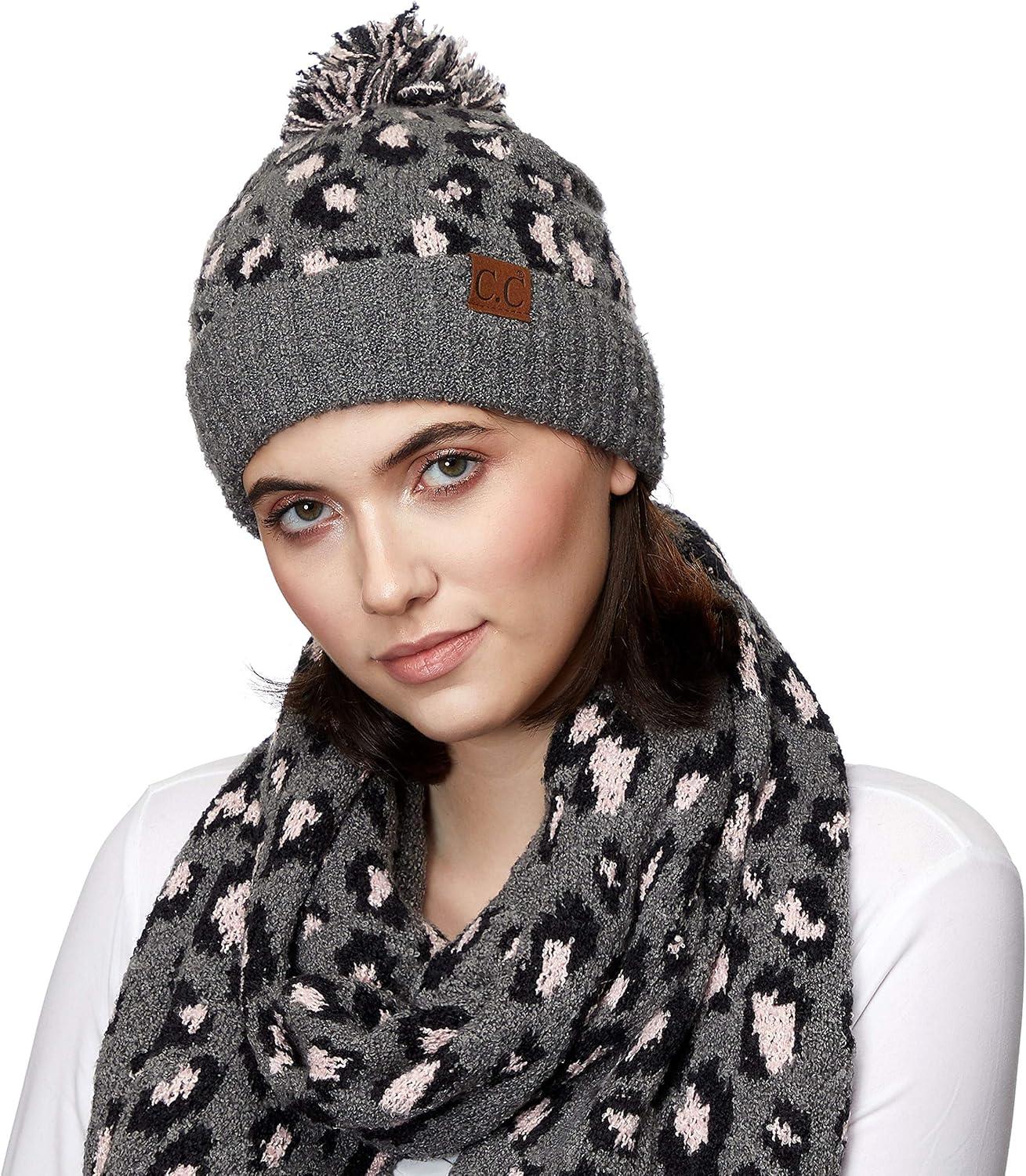 imageCC Exclusives Soft Beanie hat with Leopard Pattern and Fur PomHAT7001SF7001Ltmelgreyleopard Pom