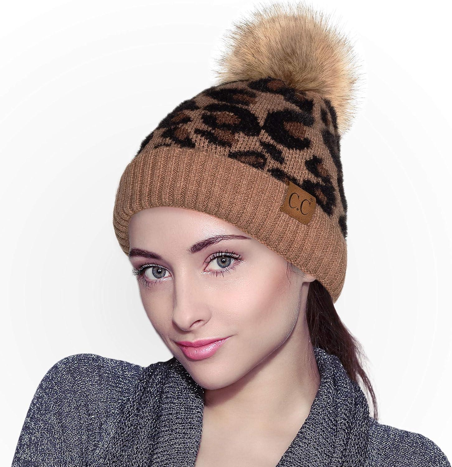 imageCC Exclusives Soft Beanie hat with Leopard Pattern and Fur PomHAT7001SF7001Mocha