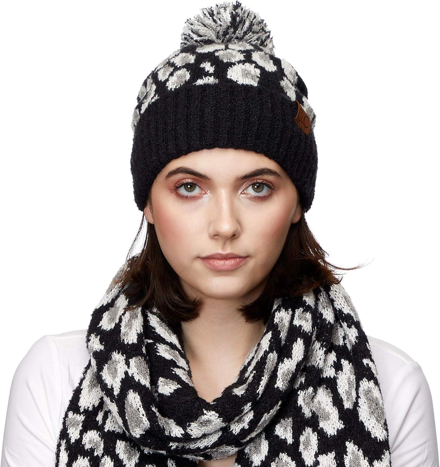 imageCC Exclusives Soft Beanie hat with Leopard Pattern and Fur PomHAT7001SF7001Ultla Soft  Black