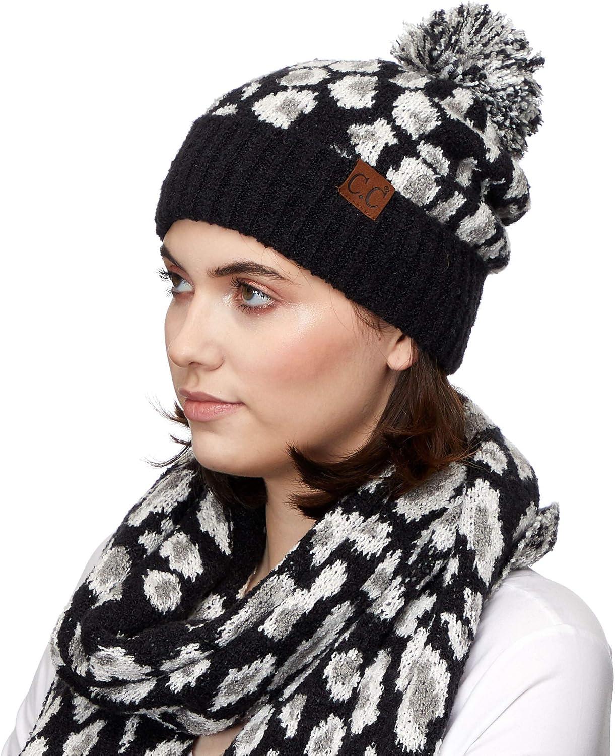 imageCC Exclusives Soft Beanie hat with Leopard Pattern and Fur PomHAT7001SF7001Ultla Soft  Black