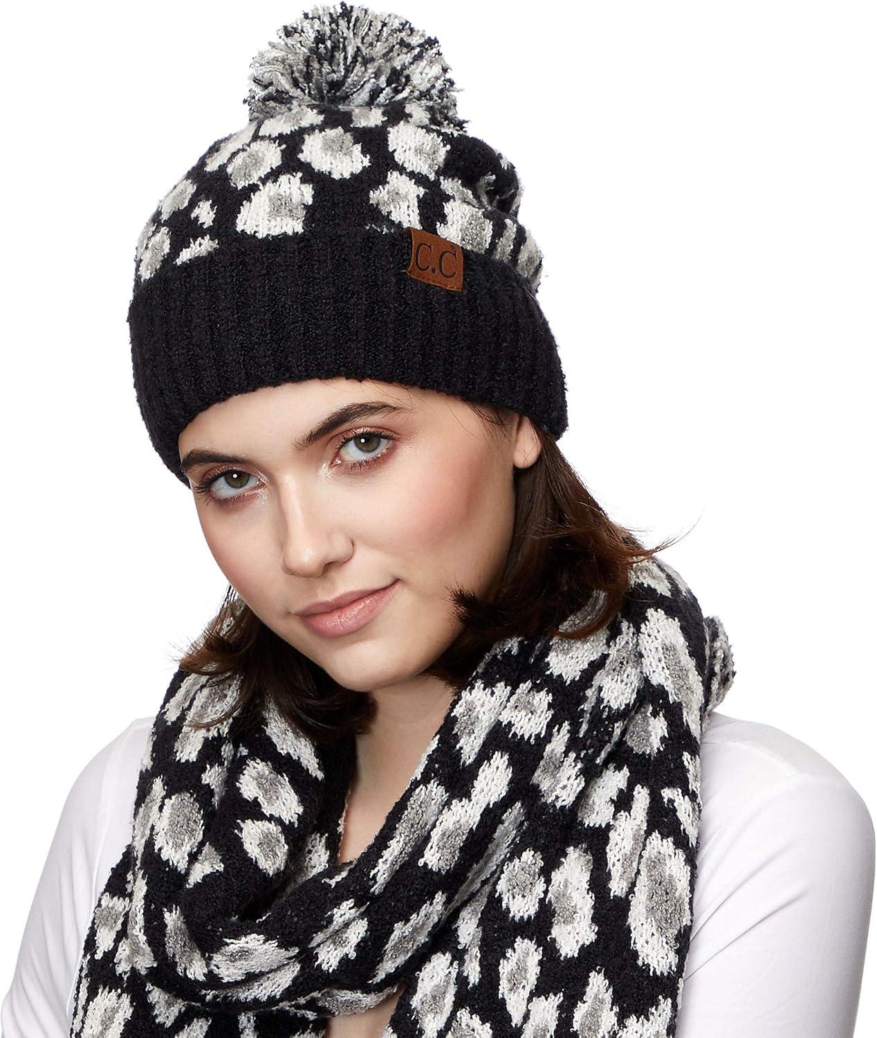 imageCC Exclusives Soft Beanie hat with Leopard Pattern and Fur PomHAT7001SF7001Ultla Soft  Black