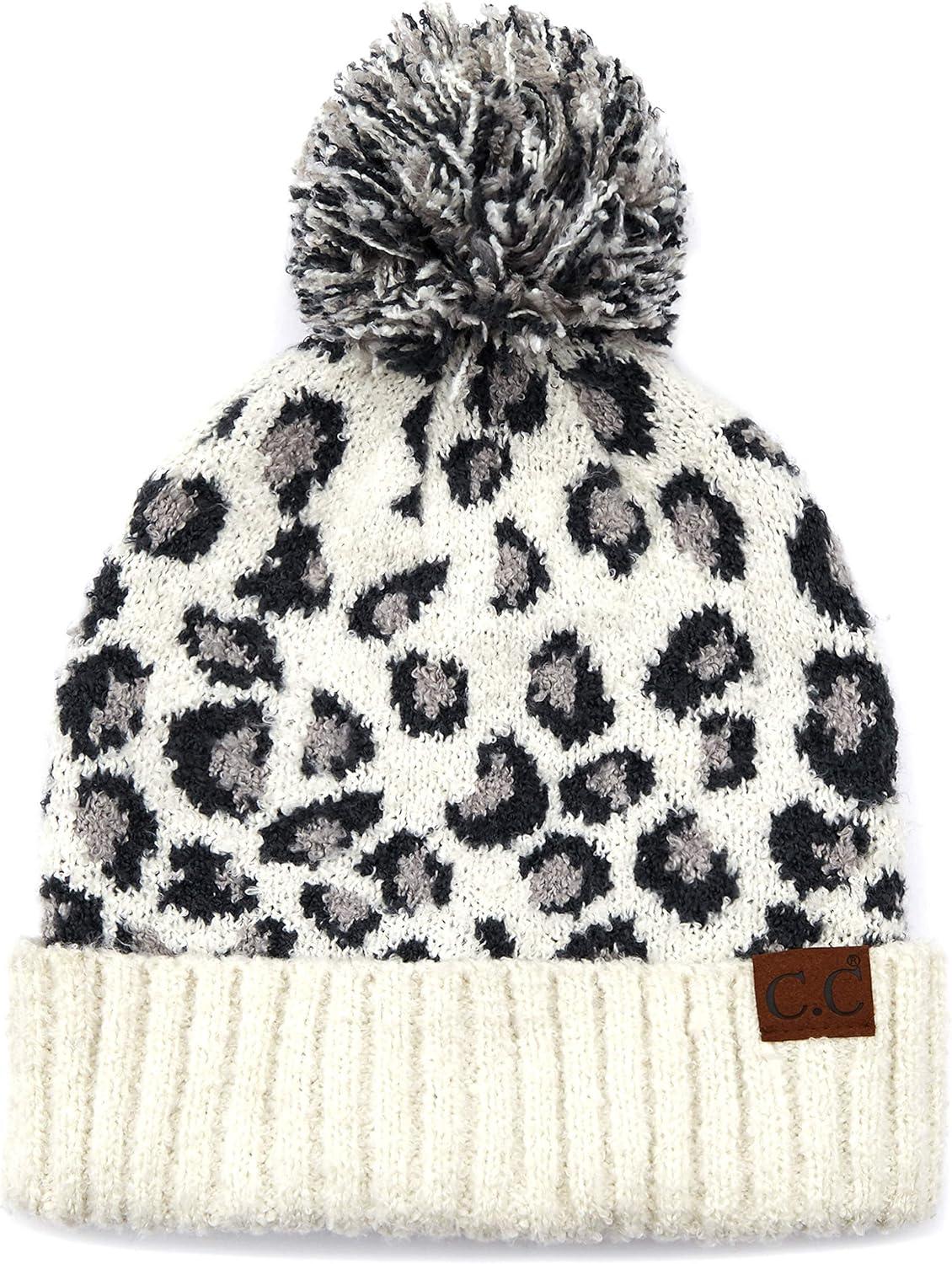 imageCC Exclusives Soft Beanie hat with Leopard Pattern and Fur PomHAT7001SF7001Ultla Soft  Ivory