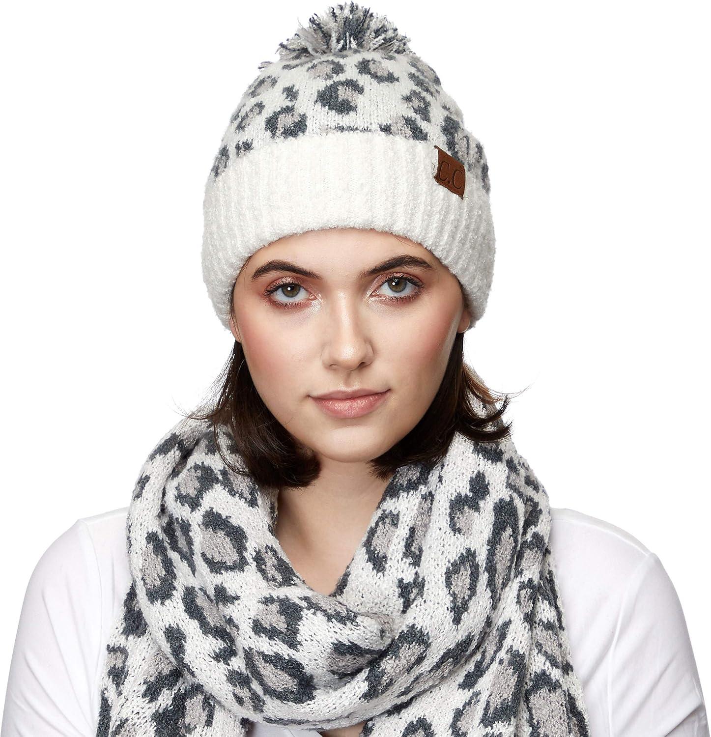 imageCC Exclusives Soft Beanie hat with Leopard Pattern and Fur PomHAT7001SF7001Ultla Soft  Ivory