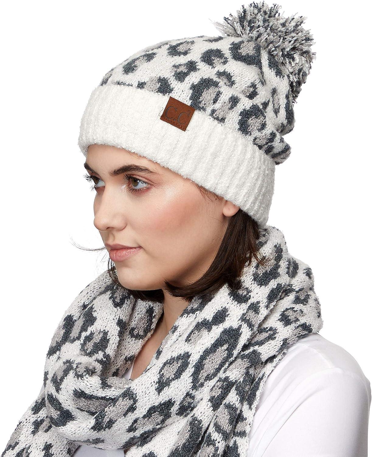 imageCC Exclusives Soft Beanie hat with Leopard Pattern and Fur PomHAT7001SF7001Ultla Soft  Ivory