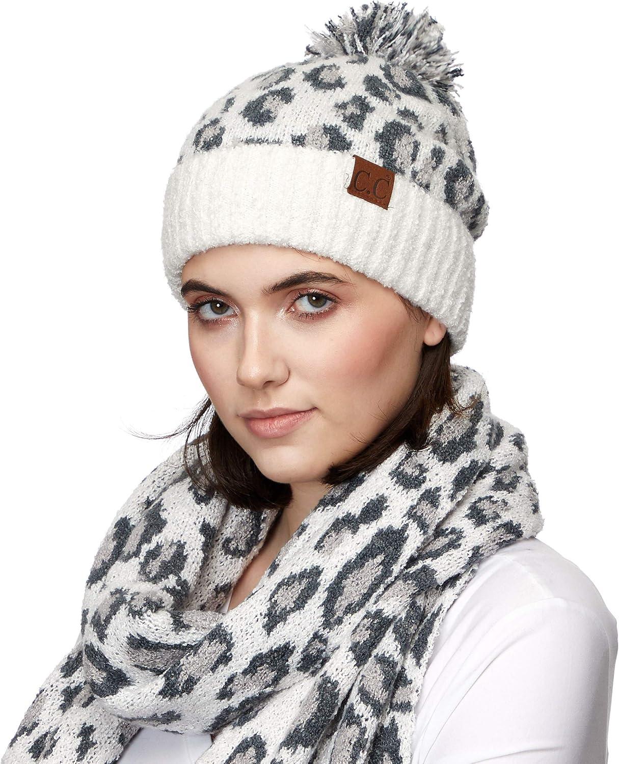 imageCC Exclusives Soft Beanie hat with Leopard Pattern and Fur PomHAT7001SF7001Ultla Soft  Ivory