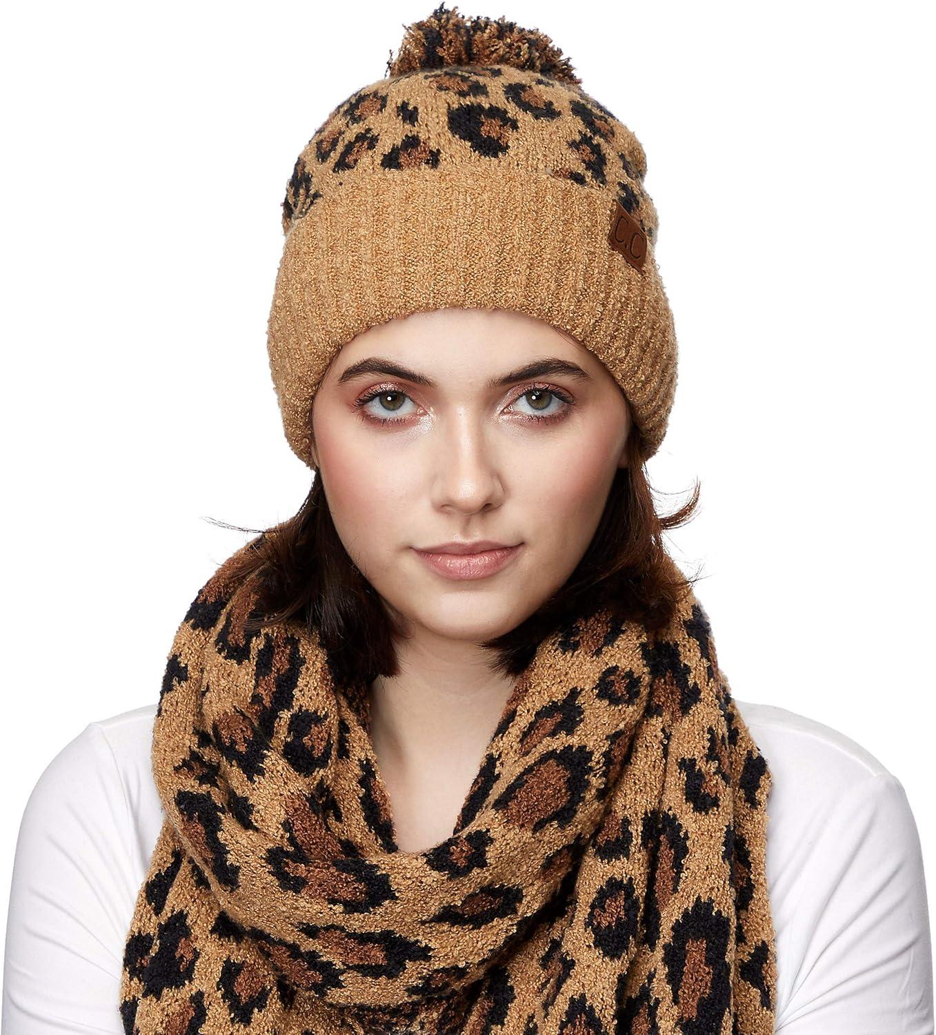 imageCC Exclusives Soft Beanie hat with Leopard Pattern and Fur PomHAT7001SF7001Ultla Soft  Latte