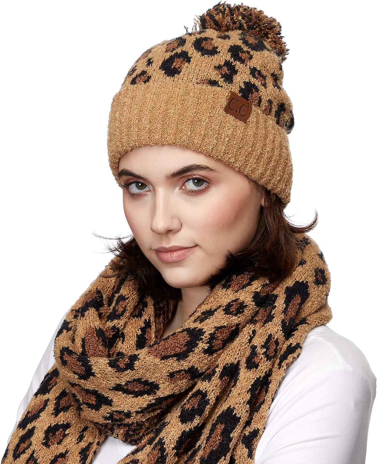 imageCC Exclusives Soft Beanie hat with Leopard Pattern and Fur PomHAT7001SF7001Ultla Soft  Latte