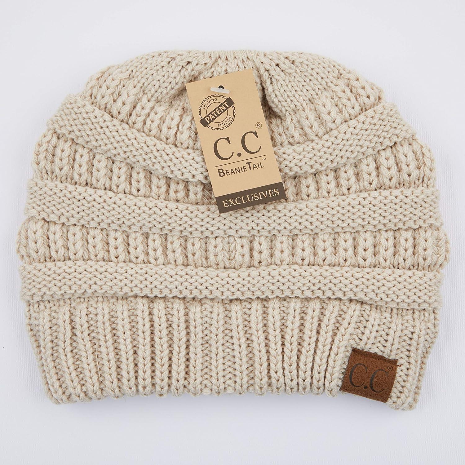 imageCC Exclusives Soft Stretch Cable Knit Messy Bun Ponytail Beanie Winter Hat for Women MB20A Beige1