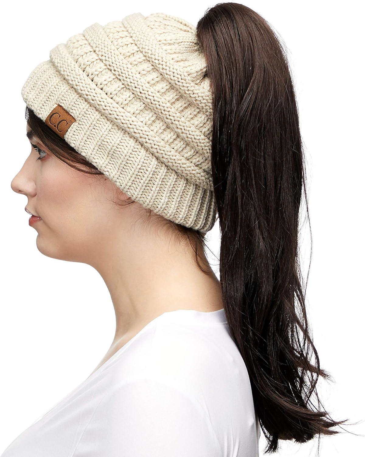 imageCC Exclusives Soft Stretch Cable Knit Messy Bun Ponytail Beanie Winter Hat for Women MB20A Beige1