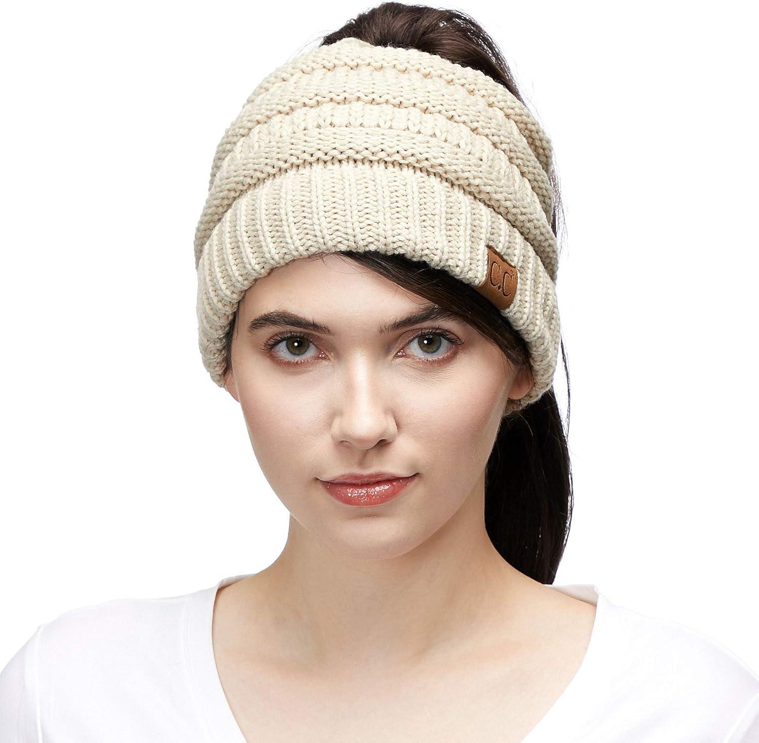 imageCC Exclusives Soft Stretch Cable Knit Messy Bun Ponytail Beanie Winter Hat for Women MB20A Beige1
