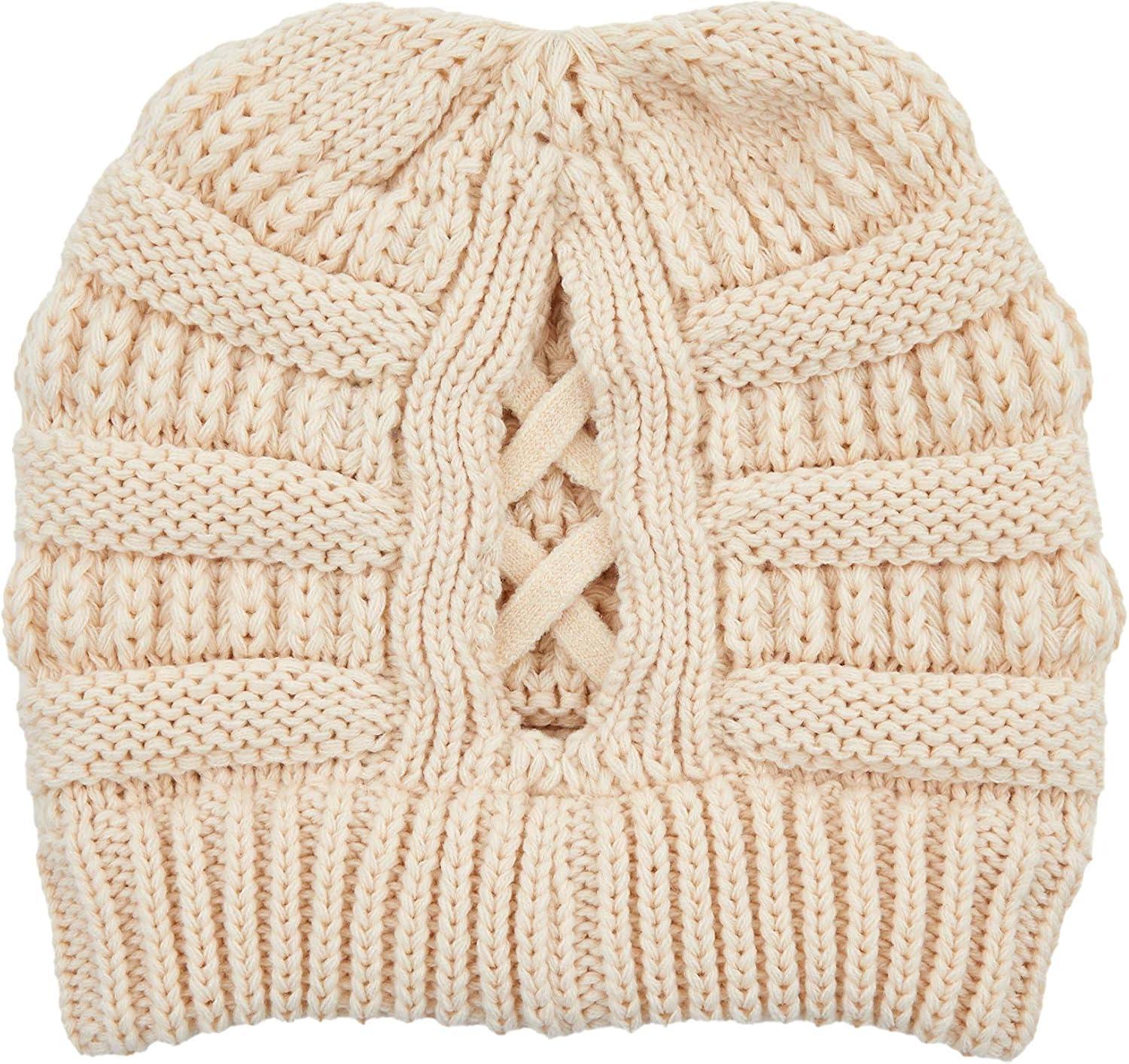 imageCC Exclusives Soft Stretch Cable Knit Messy Bun Ponytail Beanie Winter Hat for Women MB20A0 Crisscross Almond Oil
