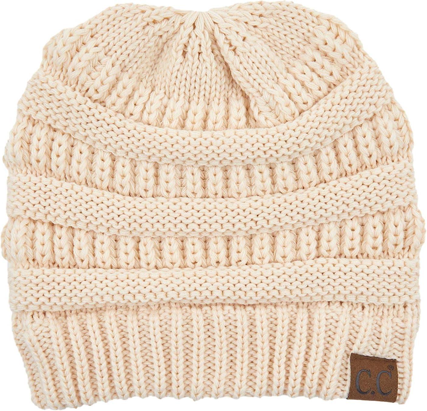 imageCC Exclusives Soft Stretch Cable Knit Messy Bun Ponytail Beanie Winter Hat for Women MB20A0 Crisscross Beige