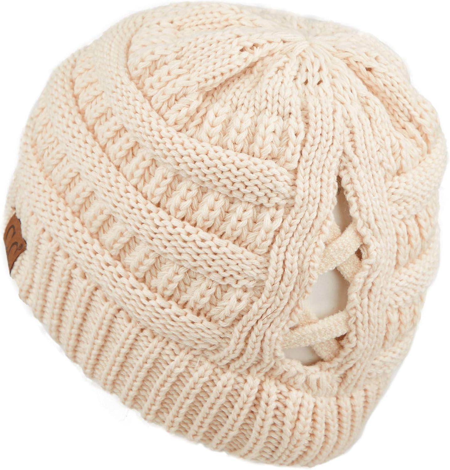 imageCC Exclusives Soft Stretch Cable Knit Messy Bun Ponytail Beanie Winter Hat for Women MB20A0 Crisscross Beige