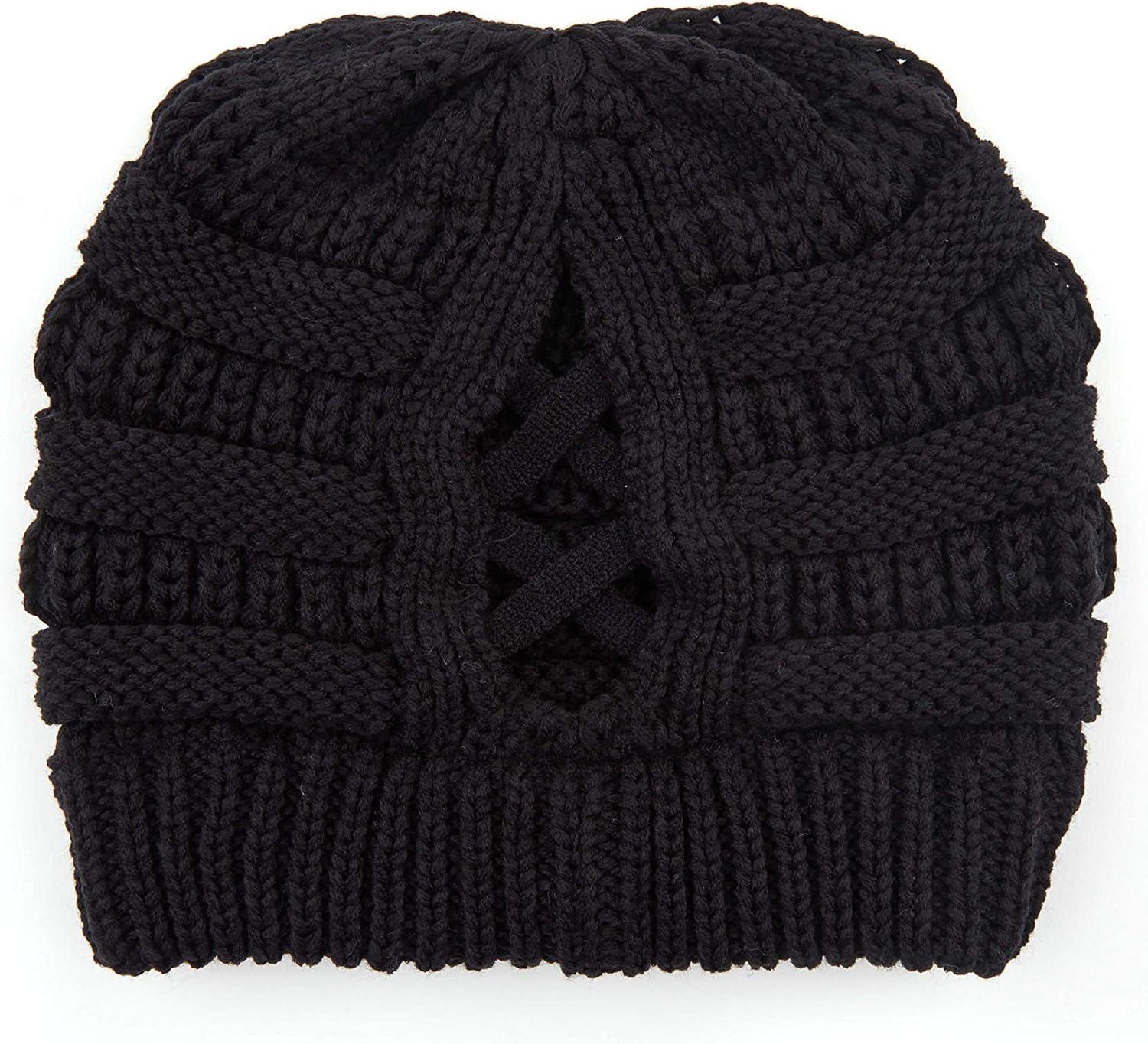 imageCC Exclusives Soft Stretch Cable Knit Messy Bun Ponytail Beanie Winter Hat for Women MB20A0 Crisscross Black