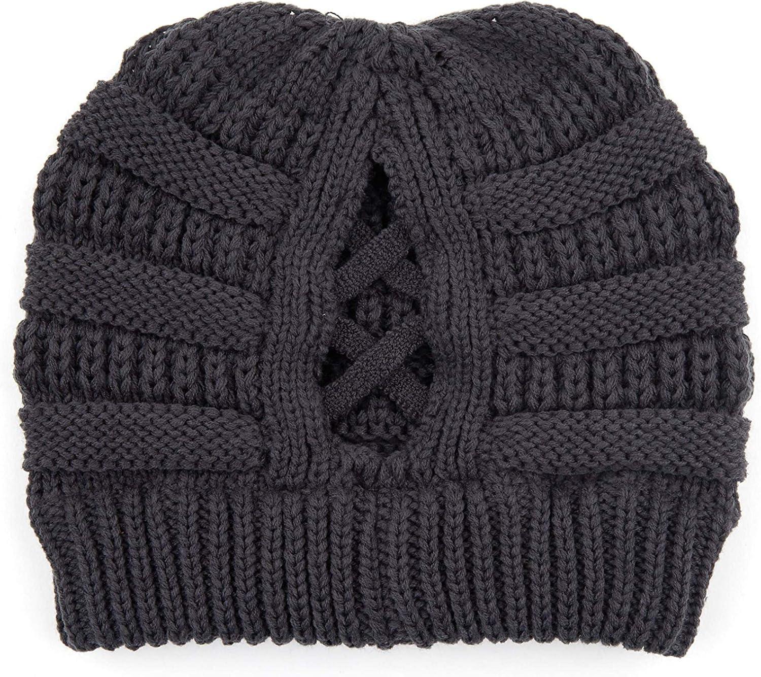 imageCC Exclusives Soft Stretch Cable Knit Messy Bun Ponytail Beanie Winter Hat for Women MB20A0 Crisscross Dk Mel Grey