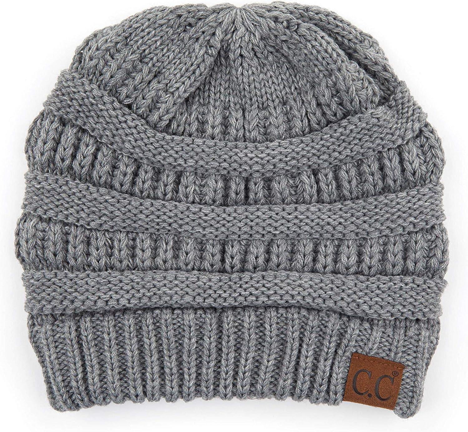 imageCC Exclusives Soft Stretch Cable Knit Messy Bun Ponytail Beanie Winter Hat for Women MB20A0 Crisscross Lt Mel Grey
