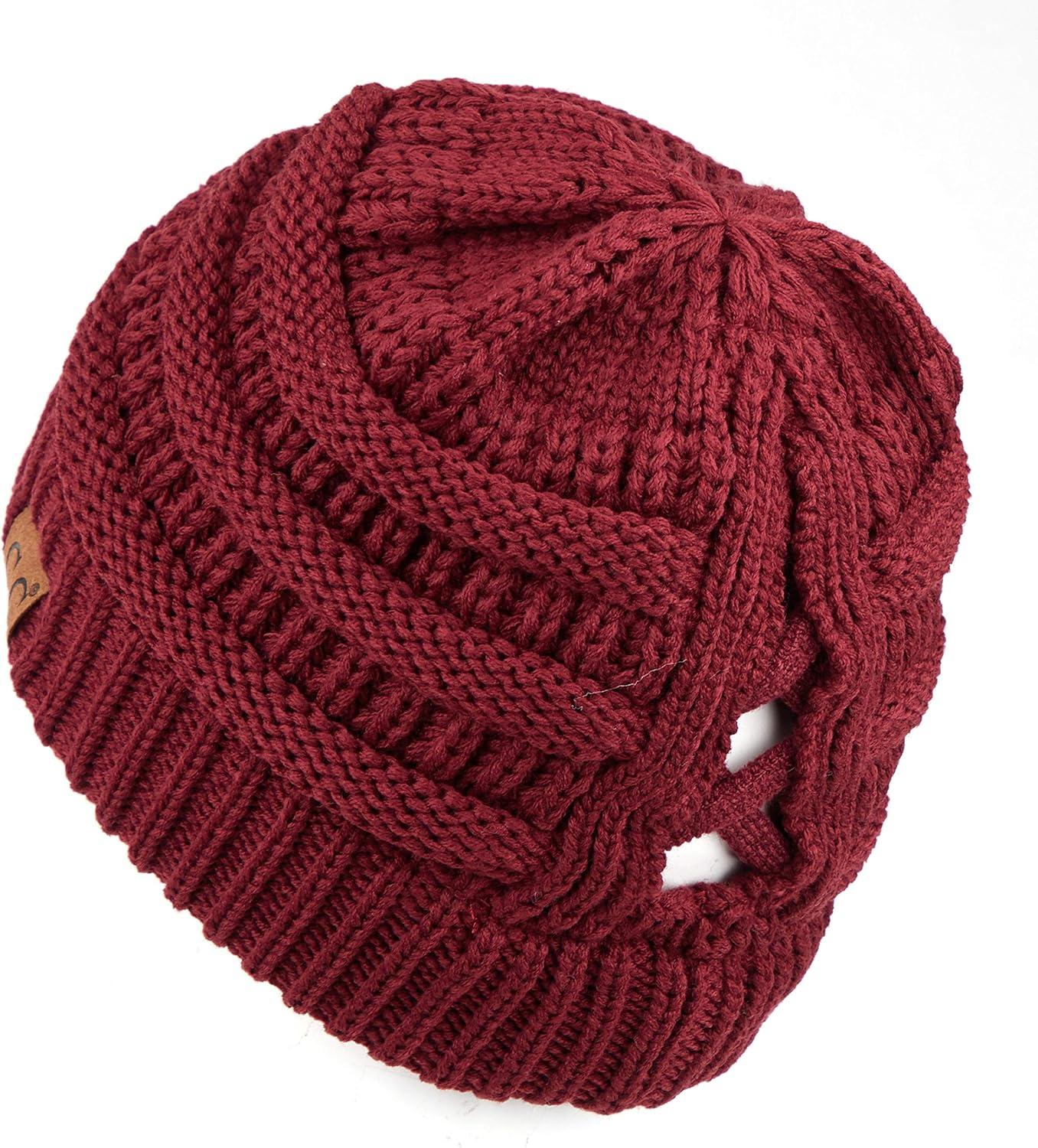 imageCC Exclusives Soft Stretch Cable Knit Messy Bun Ponytail Beanie Winter Hat for Women MB20A0 Crisscross Maroon