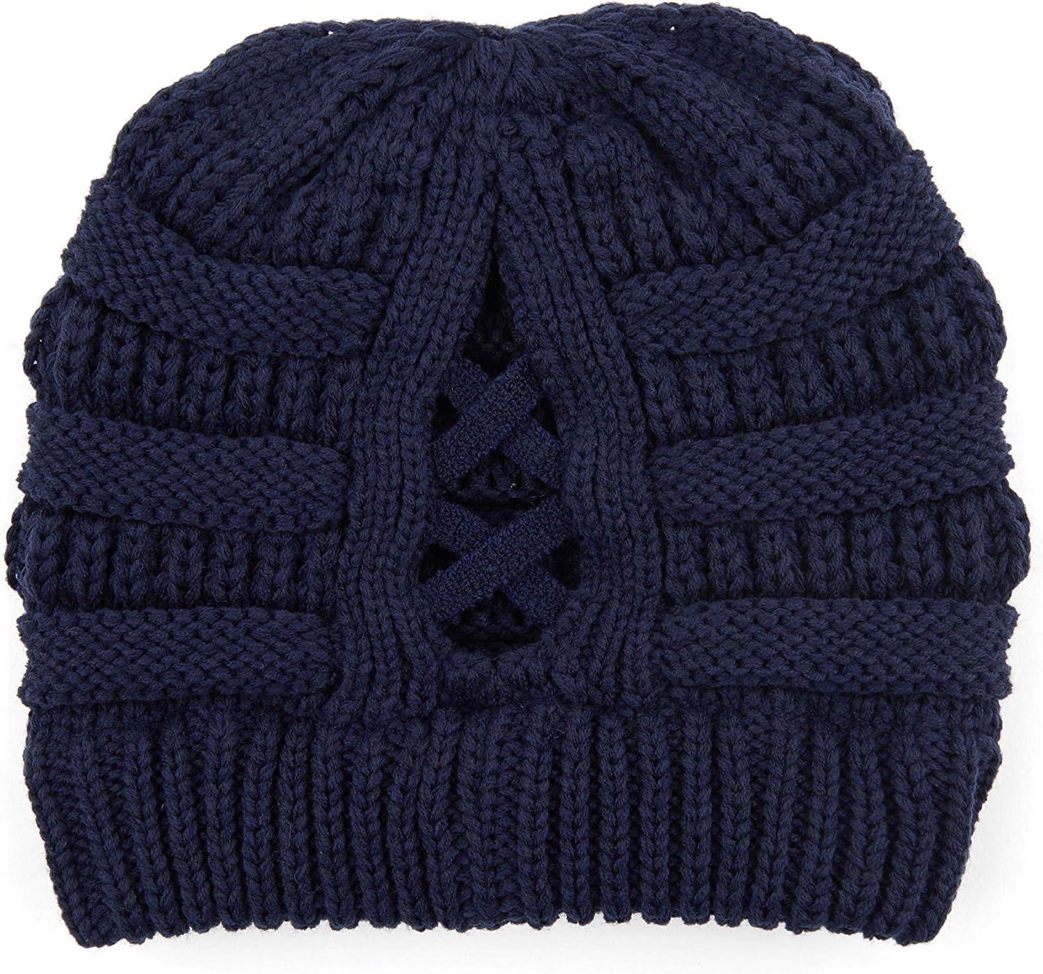 imageCC Exclusives Soft Stretch Cable Knit Messy Bun Ponytail Beanie Winter Hat for Women MB20A0 Crisscross Navy