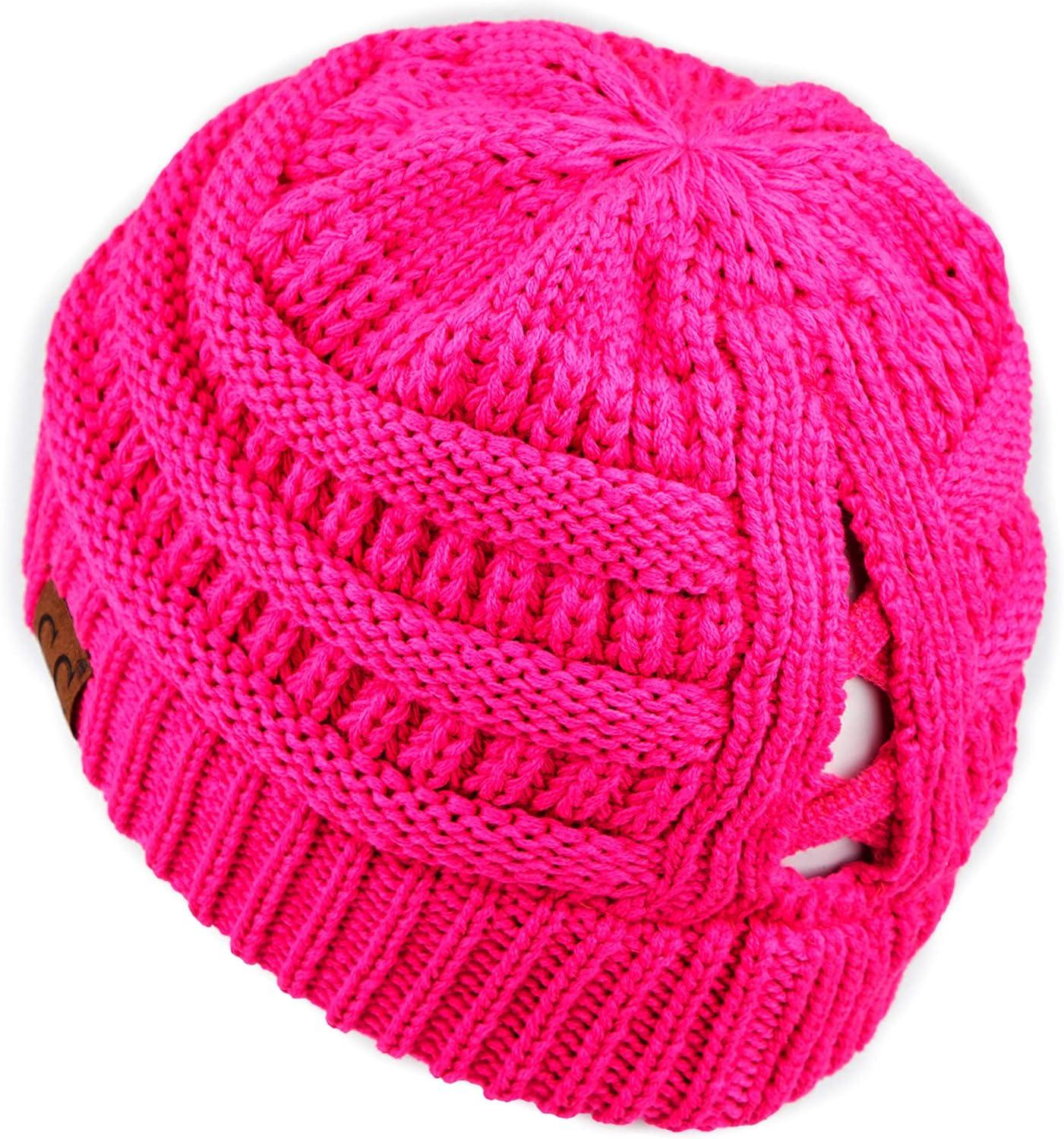 imageCC Exclusives Soft Stretch Cable Knit Messy Bun Ponytail Beanie Winter Hat for Women MB20A0 Crisscross Neon Hot Pink