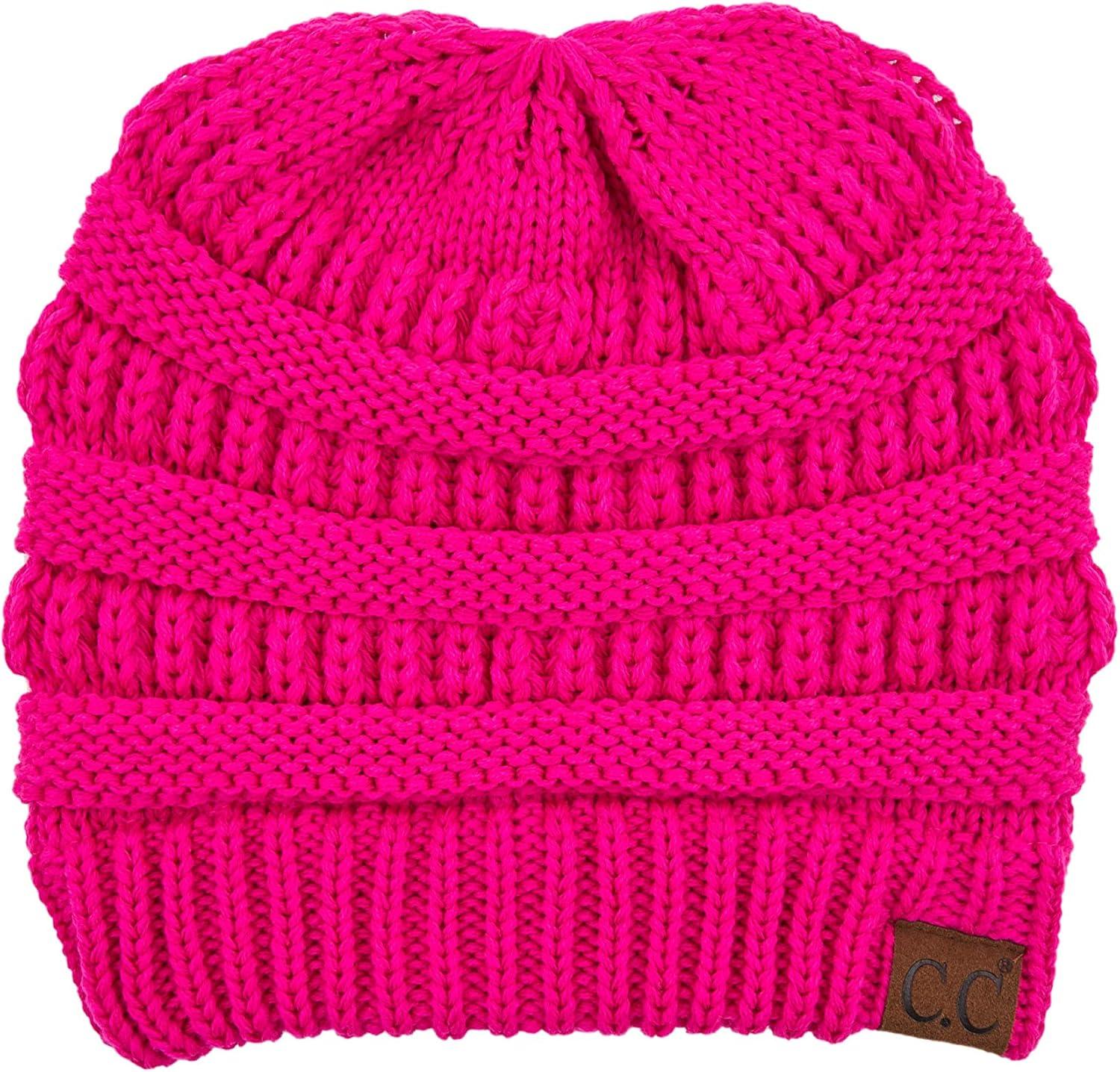 imageCC Exclusives Soft Stretch Cable Knit Messy Bun Ponytail Beanie Winter Hat for Women MB20A0 Crisscross Neon Hot Pink