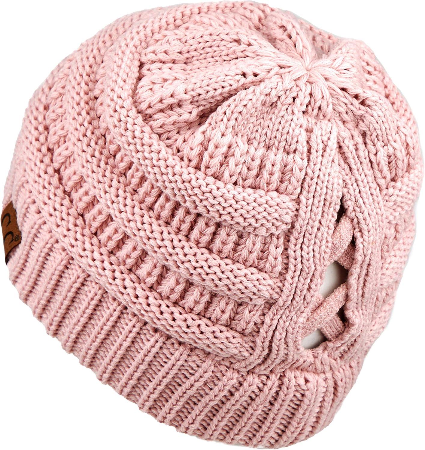 imageCC Exclusives Soft Stretch Cable Knit Messy Bun Ponytail Beanie Winter Hat for Women MB20A0 Crisscross Rose
