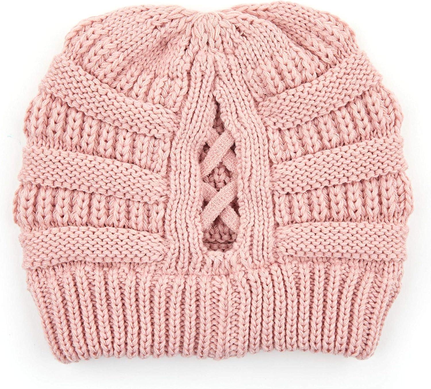 imageCC Exclusives Soft Stretch Cable Knit Messy Bun Ponytail Beanie Winter Hat for Women MB20A0 Crisscross Rose