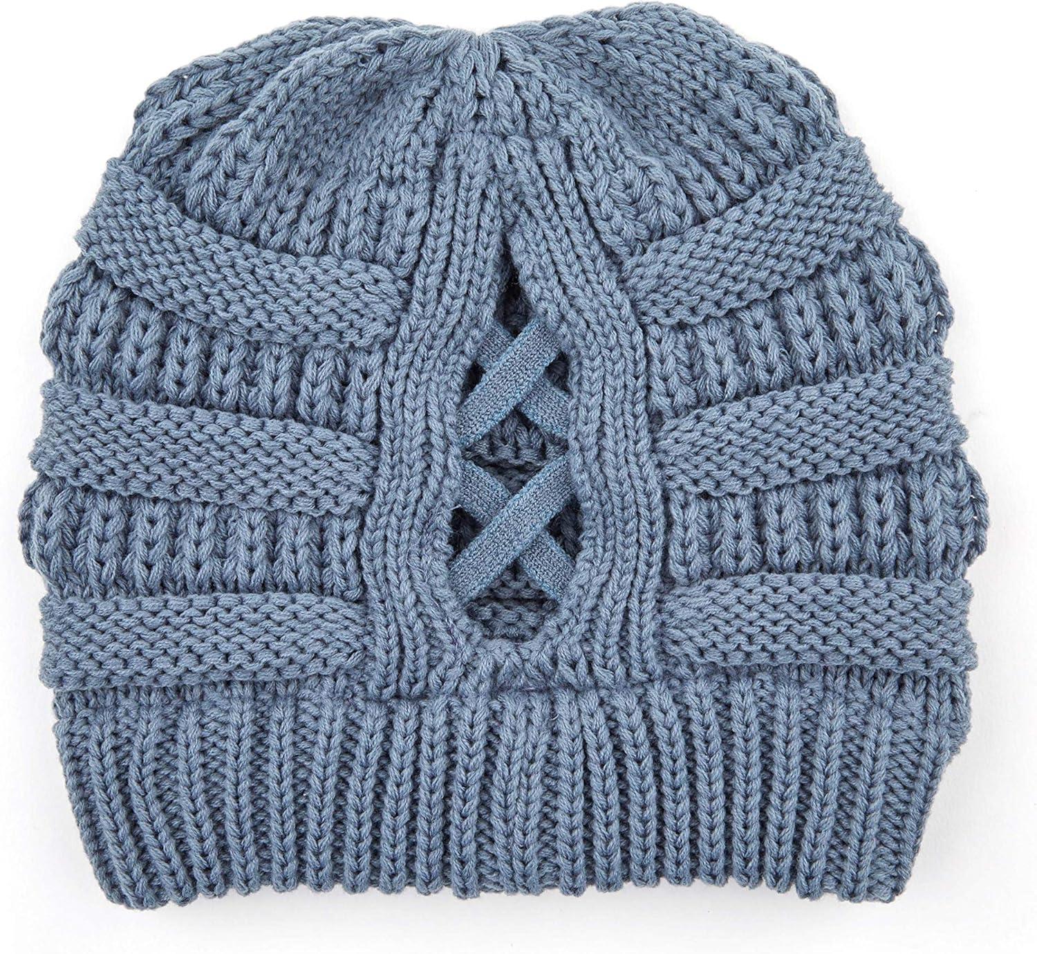 imageCC Exclusives Soft Stretch Cable Knit Messy Bun Ponytail Beanie Winter Hat for Women MB20A0 Crisscross Steel Blue