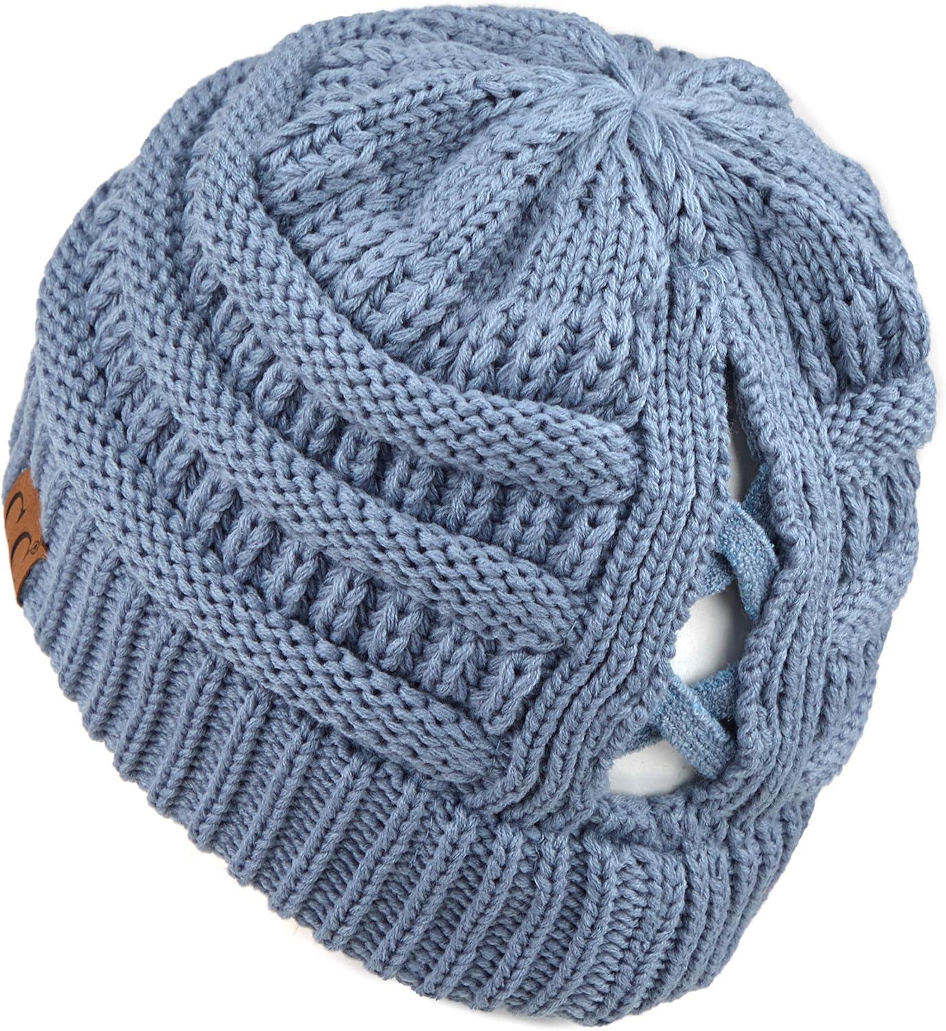 imageCC Exclusives Soft Stretch Cable Knit Messy Bun Ponytail Beanie Winter Hat for Women MB20A0 Crisscross Steel Blue