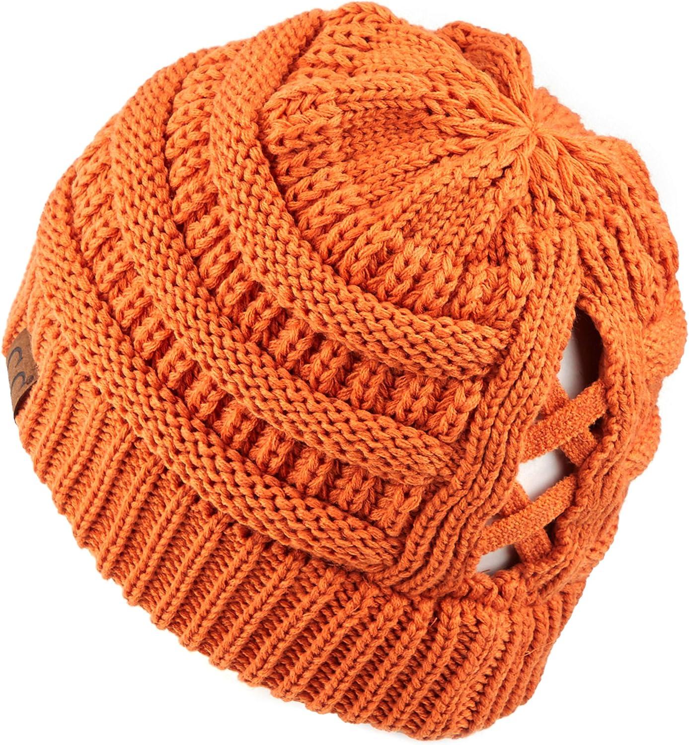 imageCC Exclusives Soft Stretch Cable Knit Messy Bun Ponytail Beanie Winter Hat for Women MB20A0 Crisscross Toffee
