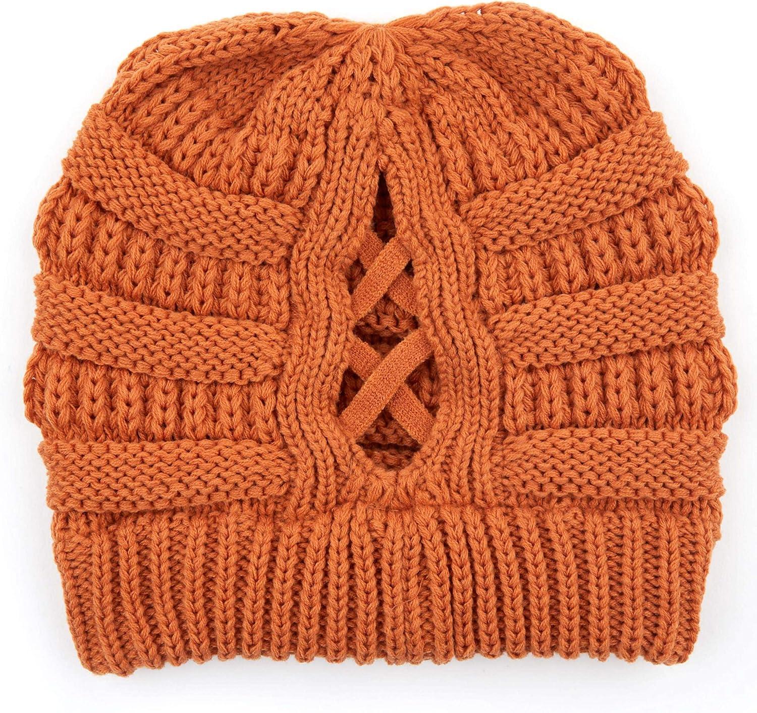 imageCC Exclusives Soft Stretch Cable Knit Messy Bun Ponytail Beanie Winter Hat for Women MB20A0 Crisscross Toffee